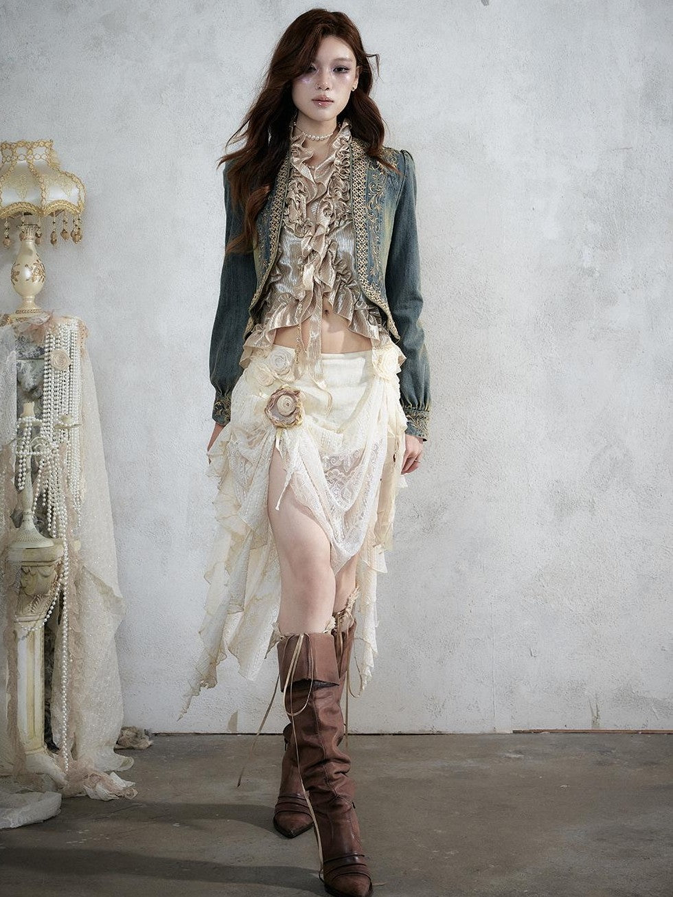 NO ROMANCE Baroque Lace Ruched Asymmetric Mermaid Women&