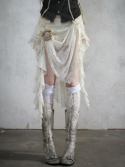NO ROMANCE Baroque Lace Ruched Asymmetric Mermaid Women&
