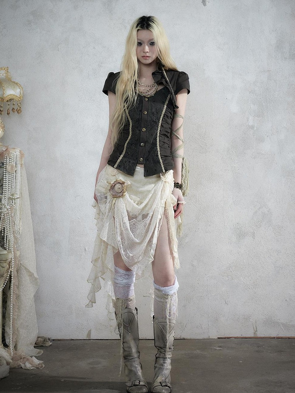 NO ROMANCE Baroque Lace Ruched Asymmetric Mermaid Women&