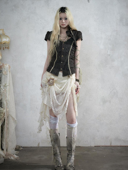 NO ROMANCE Baroque Lace Ruched Asymmetric Mermaid Women&