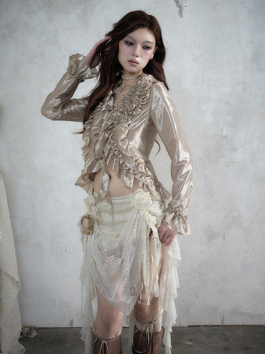 NO ROMANCE Baroque Lace Ruched Asymmetric Mermaid Women&