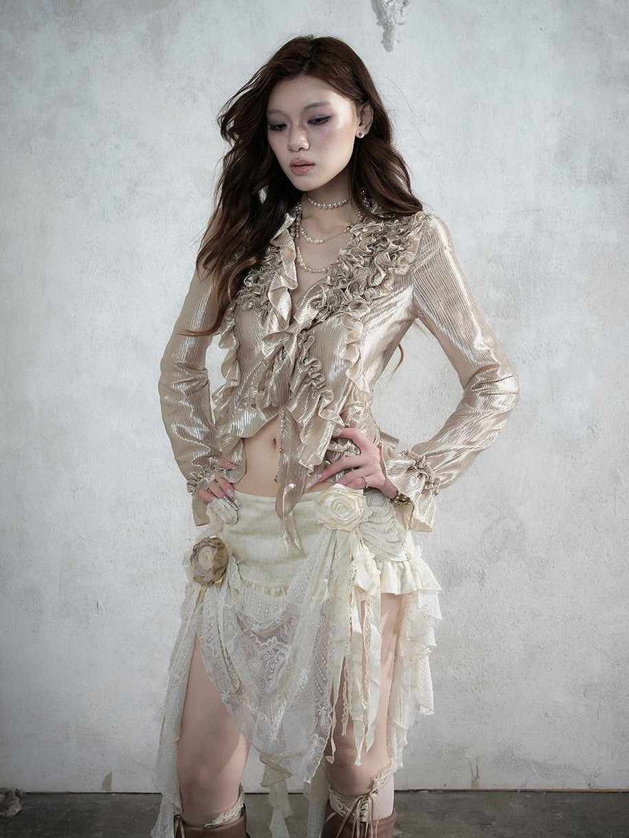 NO ROMANCE Baroque Lace Ruched Asymmetric Mermaid Women&