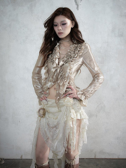 NO ROMANCE Baroque Lace Ruched Asymmetric Mermaid Women&