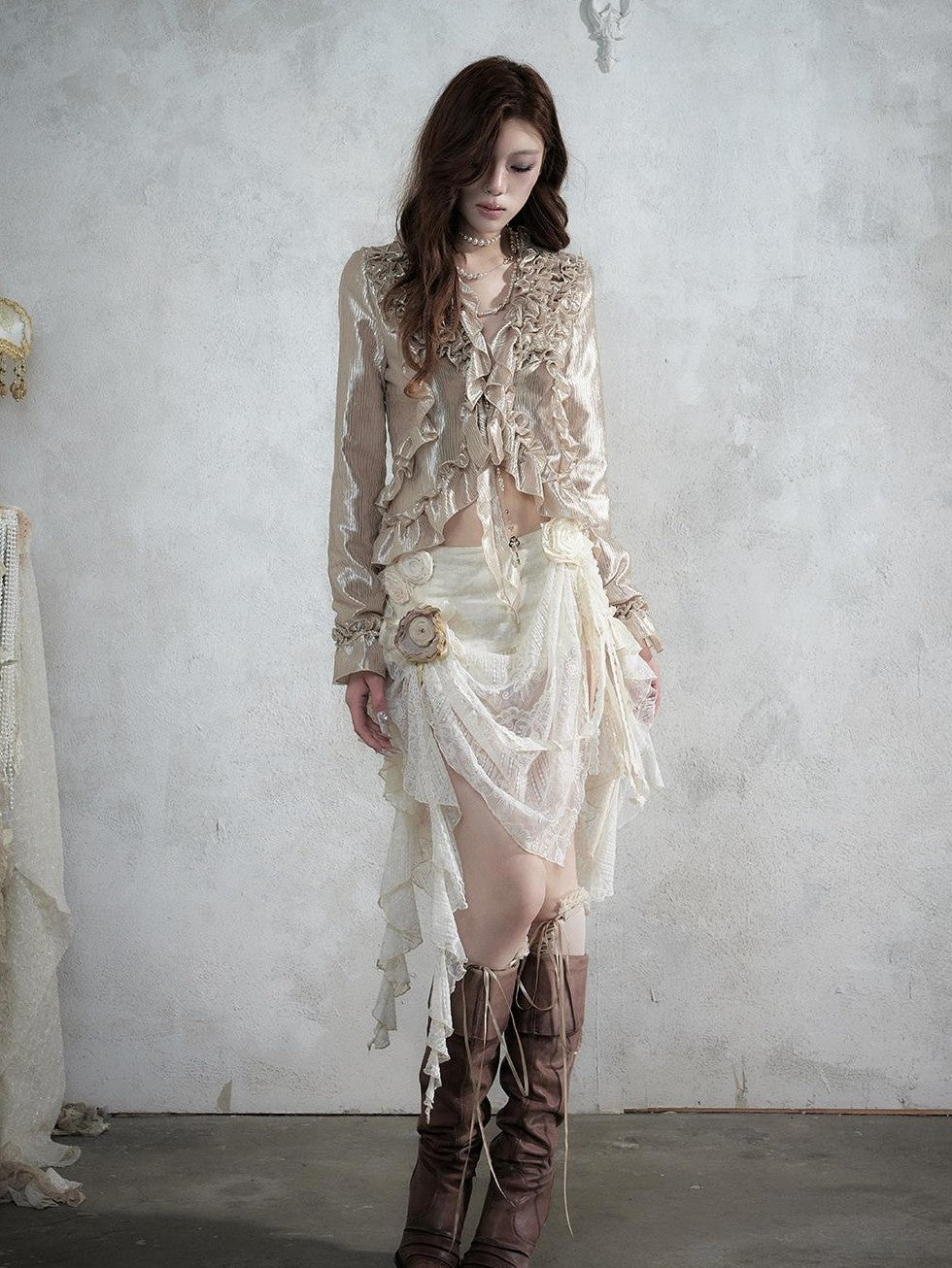 NO ROMANCE Baroque Lace Ruched Asymmetric Mermaid Women&