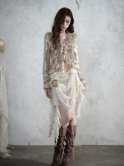NO ROMANCE Baroque Lace Ruched Asymmetric Mermaid Women&
