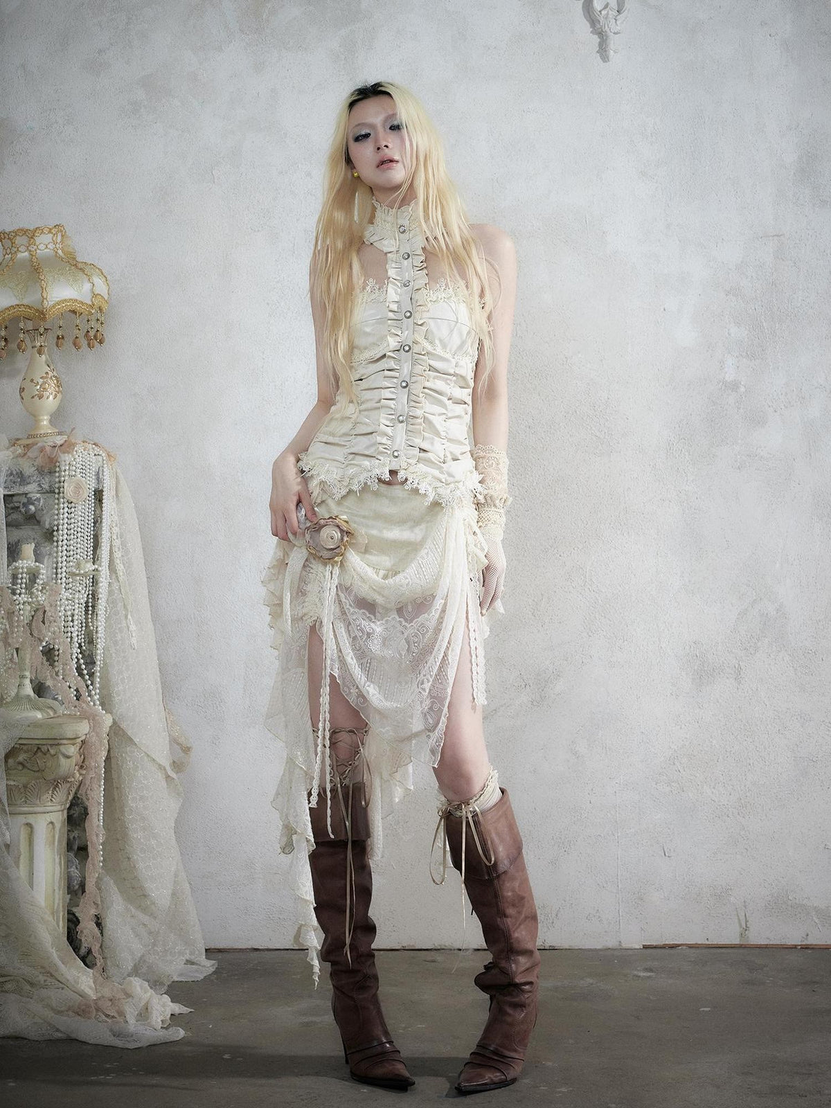 NO ROMANCE Baroque Lace Ruched Asymmetric Mermaid Women&