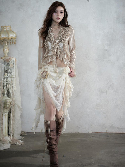 NO ROMANCE Baroque Lace Ruched Asymmetric Mermaid Women&