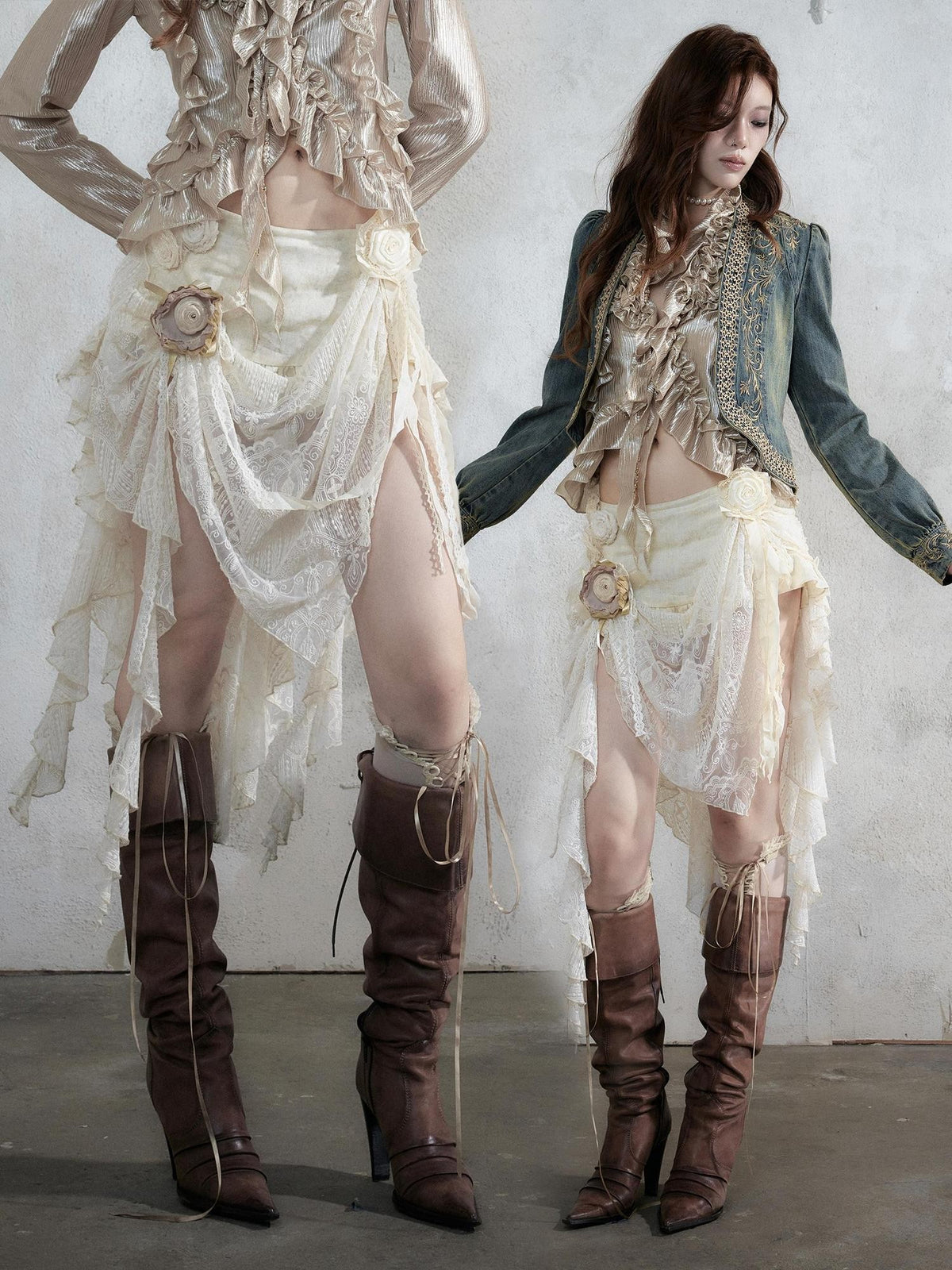 NO ROMANCE Baroque Lace Ruched Asymmetric Mermaid Women&