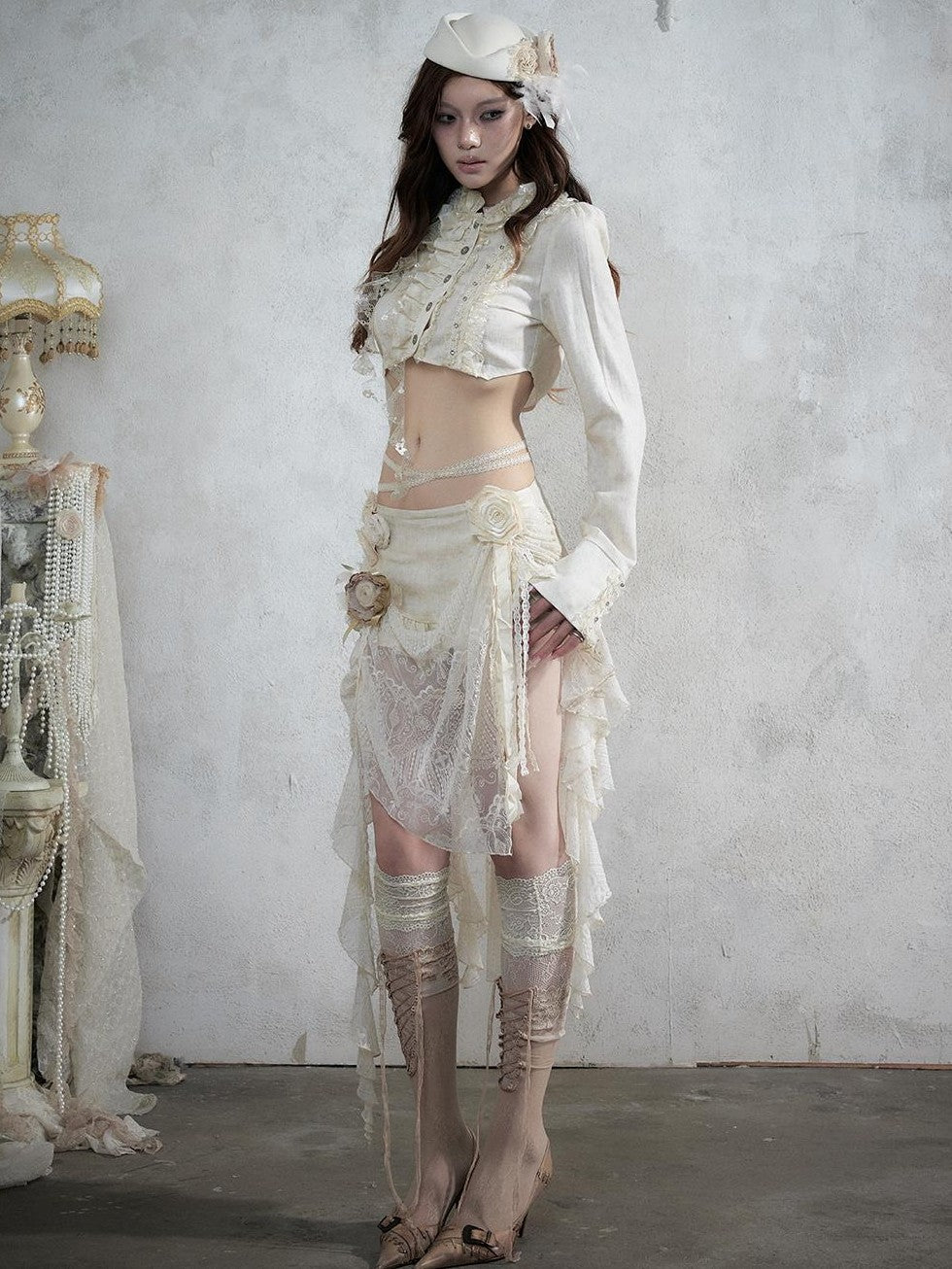 NO ROMANCE Baroque Lace Ruched Asymmetric Mermaid Women&