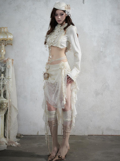 NO ROMANCE Baroque Lace Ruched Asymmetric Mermaid Women&