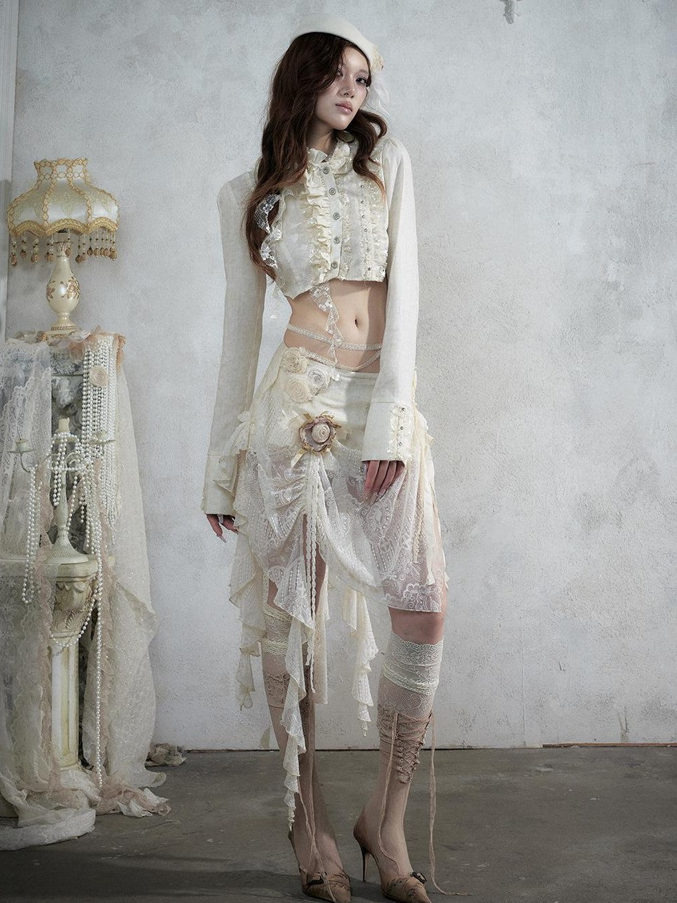 NO ROMANCE Baroque Lace Ruched Asymmetric Mermaid Women&