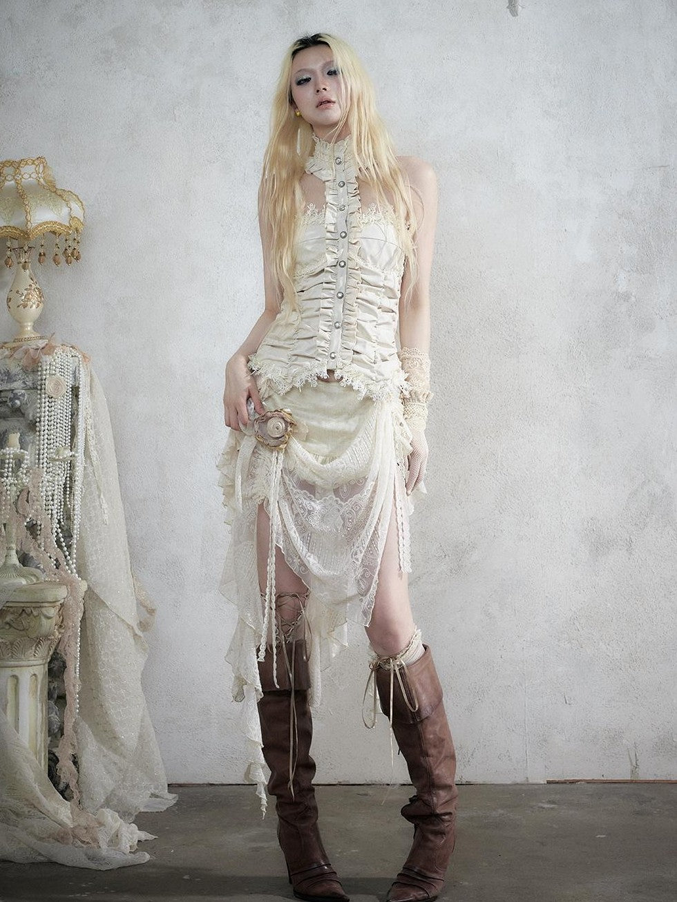 NO ROMANCE Baroque Lace Ruched Asymmetric Mermaid Women&