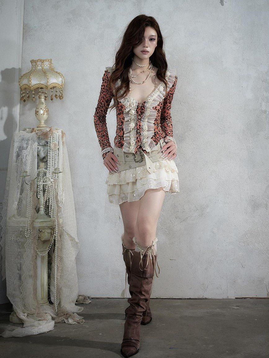 NO ROMANCE Baroque Leopard Print Sequined Patchwork Tiered Women&