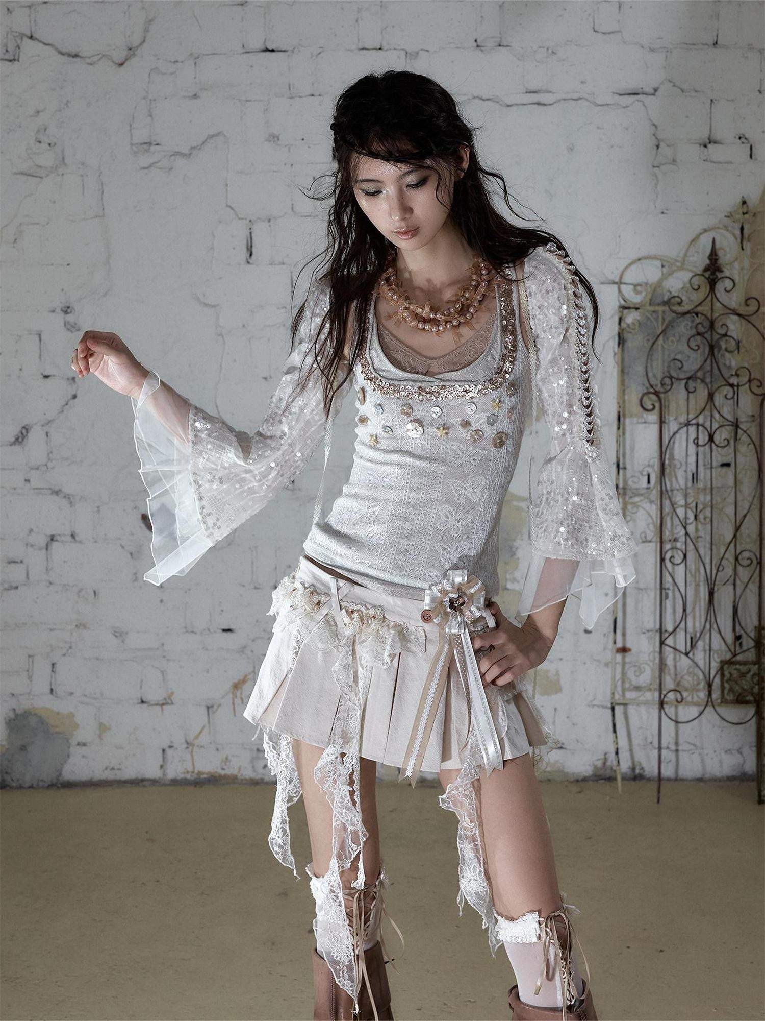 NO ROMANCE Baroque Pearl Chain Cutout Sequin Chiffon Women&