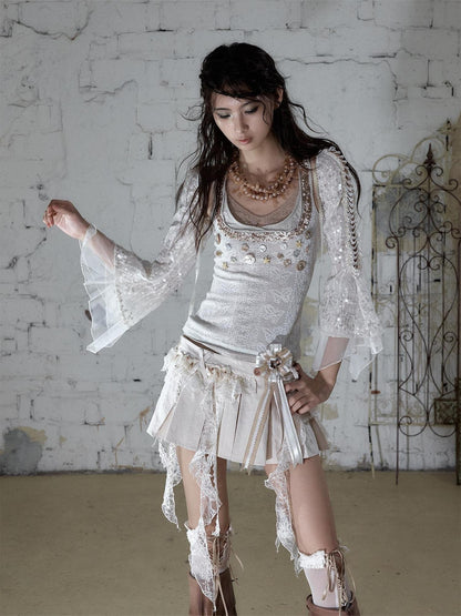 NO ROMANCE Baroque Pearl Chain Cutout Sequin Chiffon Women&