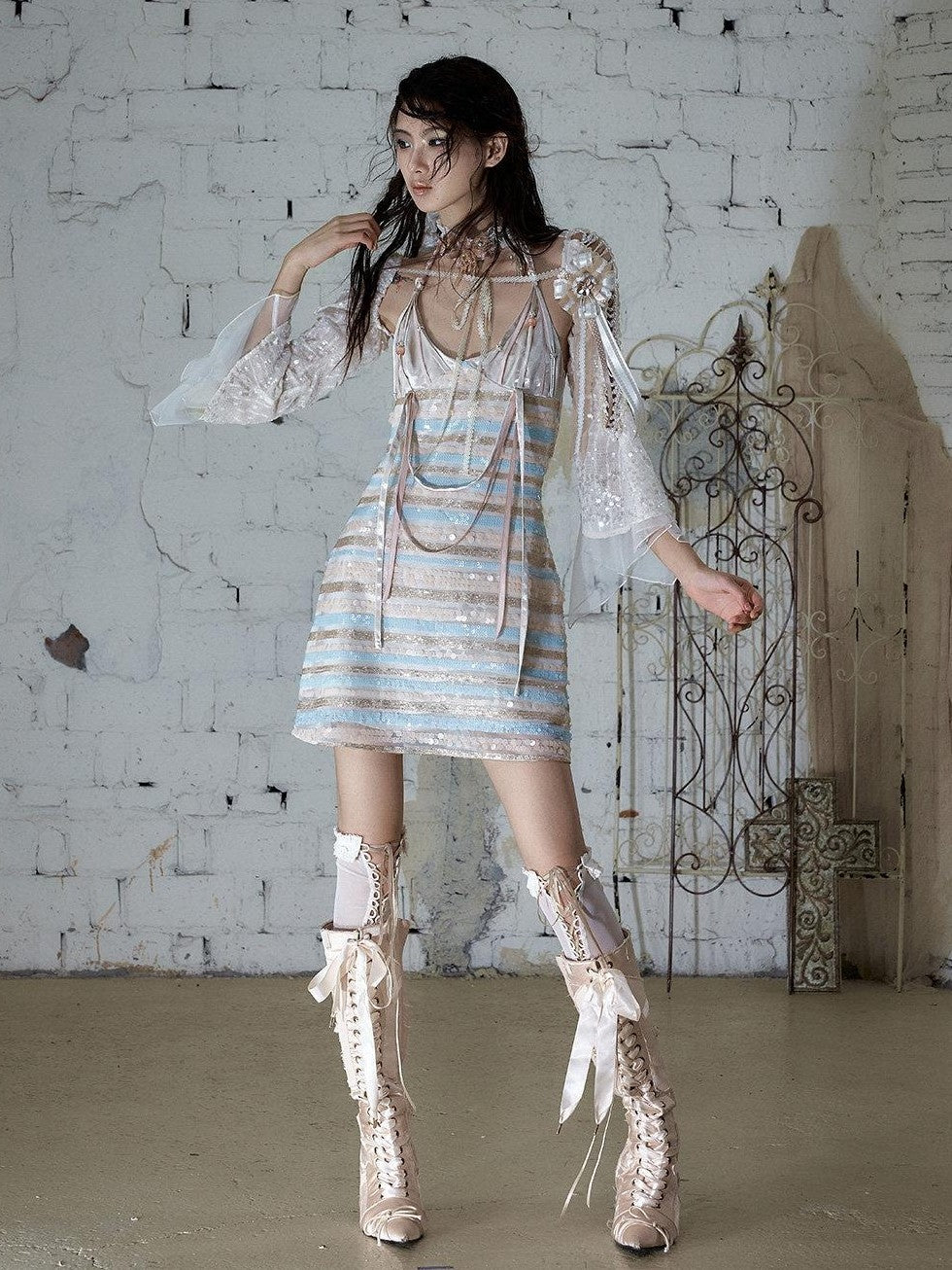 NO ROMANCE Baroque Pearl Chain Cutout Sequin Chiffon Women&