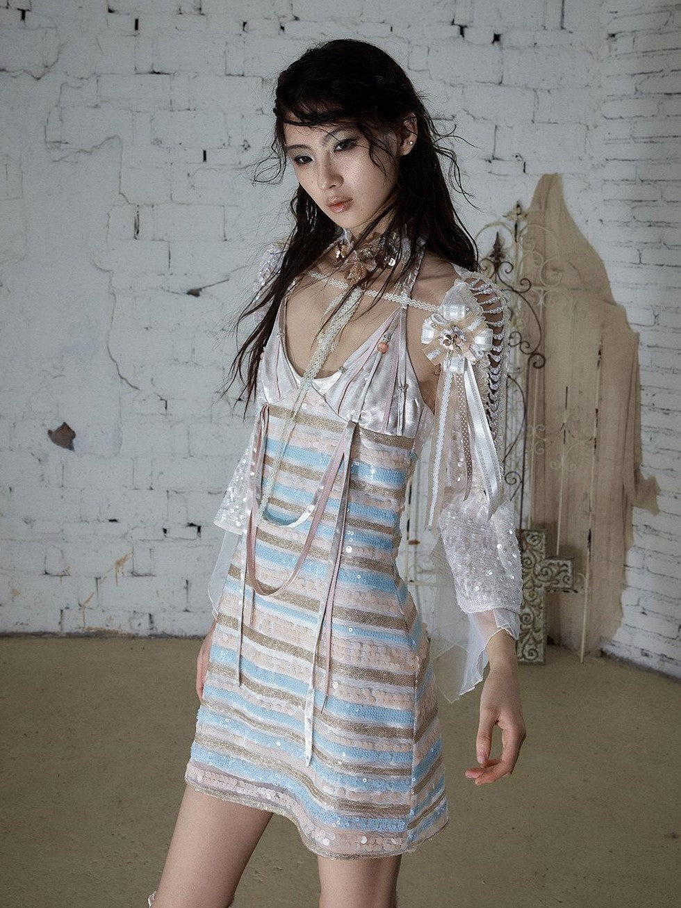 NO ROMANCE Baroque Pearl Chain Cutout Sequin Chiffon Women&