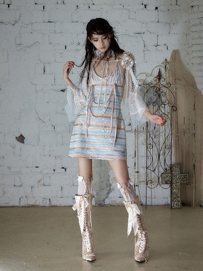 NO ROMANCE Baroque Pearl Chain Cutout Sequin Chiffon Women&
