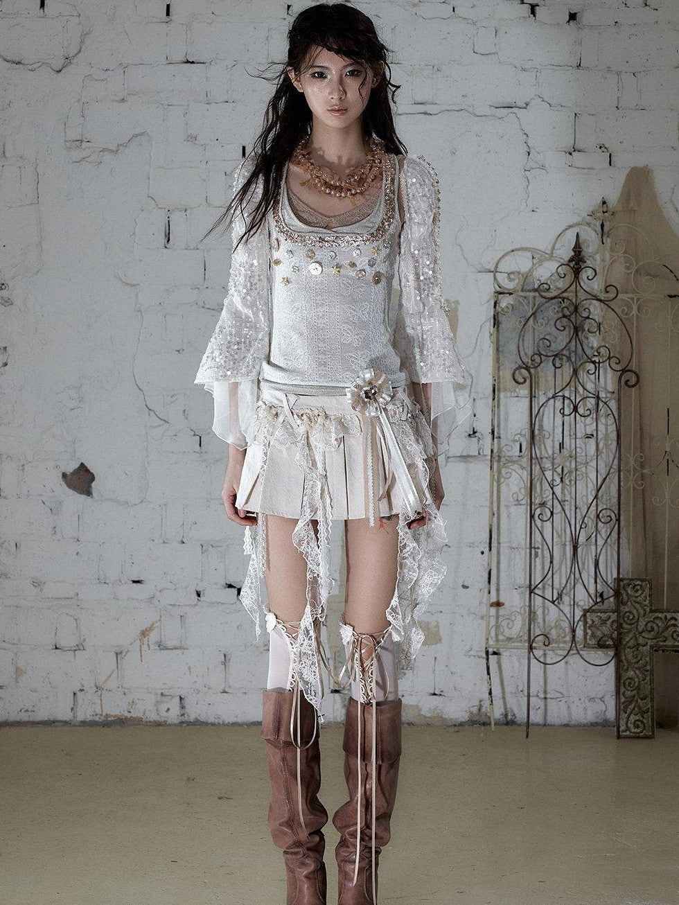 NO ROMANCE Baroque Pearl Chain Cutout Sequin Chiffon Women&