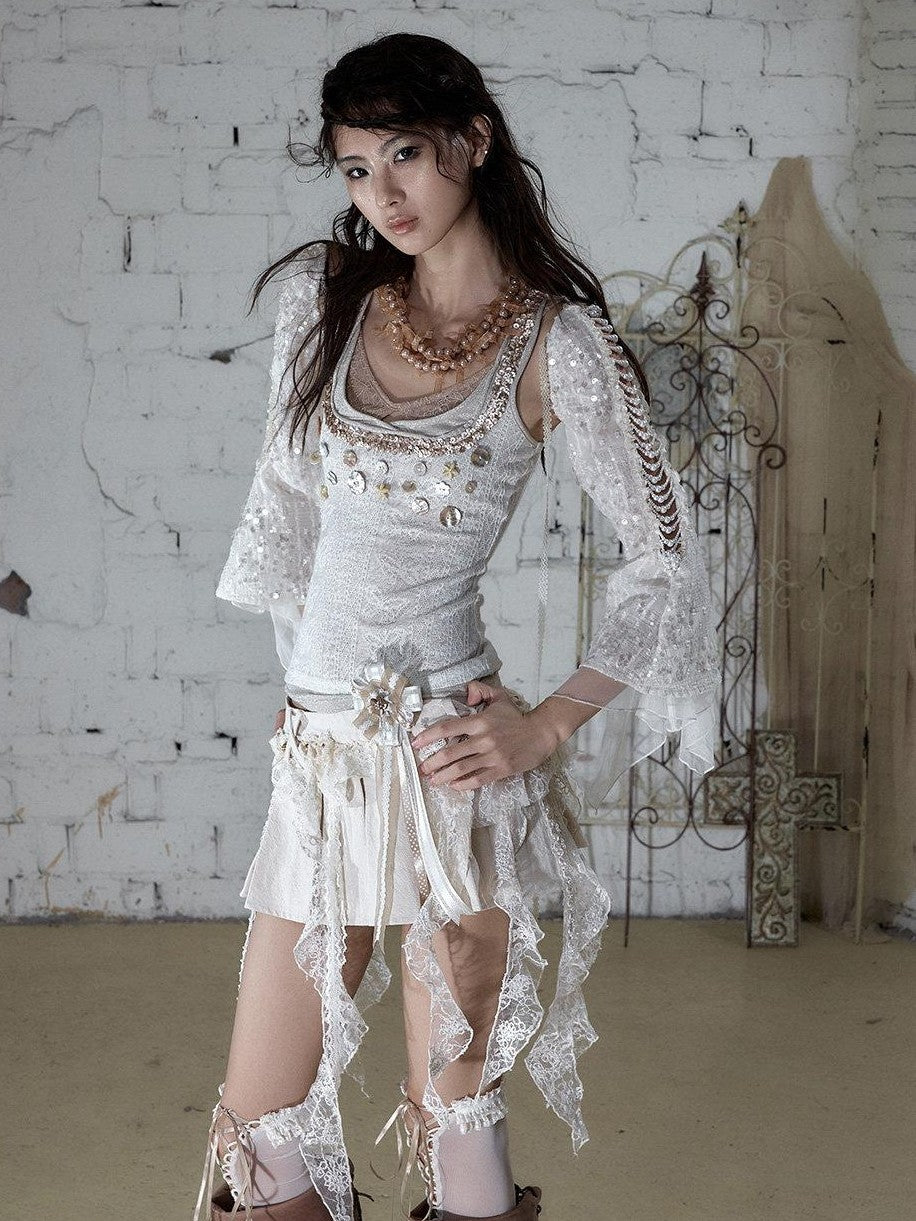 NO ROMANCE Baroque Pearl Chain Cutout Sequin Chiffon Women&
