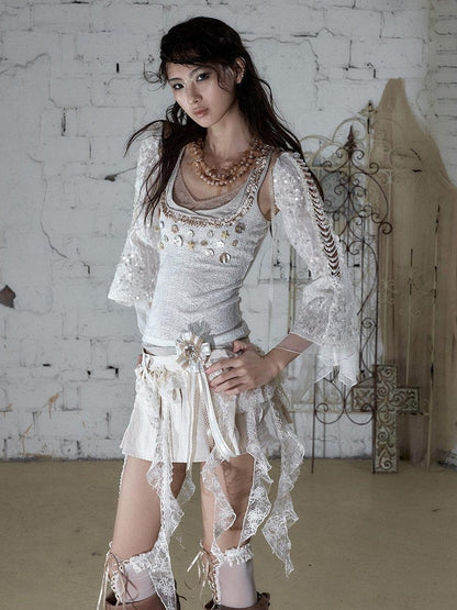 NO ROMANCE Baroque Pearl Chain Cutout Sequin Chiffon Women&