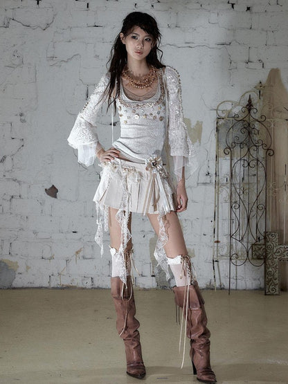 NO ROMANCE Baroque Pearl Chain Cutout Sequin Chiffon Women&