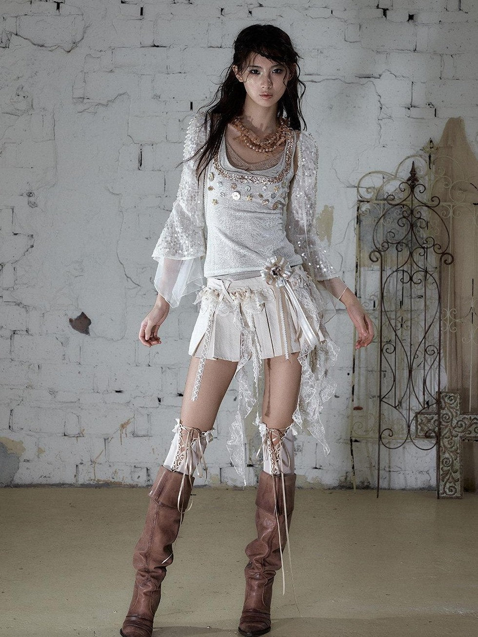 NO ROMANCE Baroque Pearl Chain Cutout Sequin Chiffon Women&