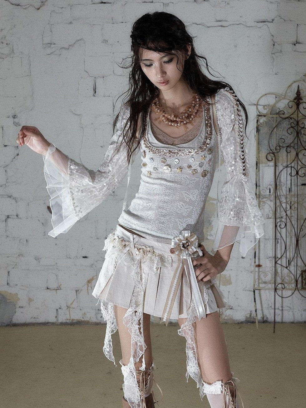 NO ROMANCE Baroque Pearl Chain Cutout Sequin Chiffon Women&