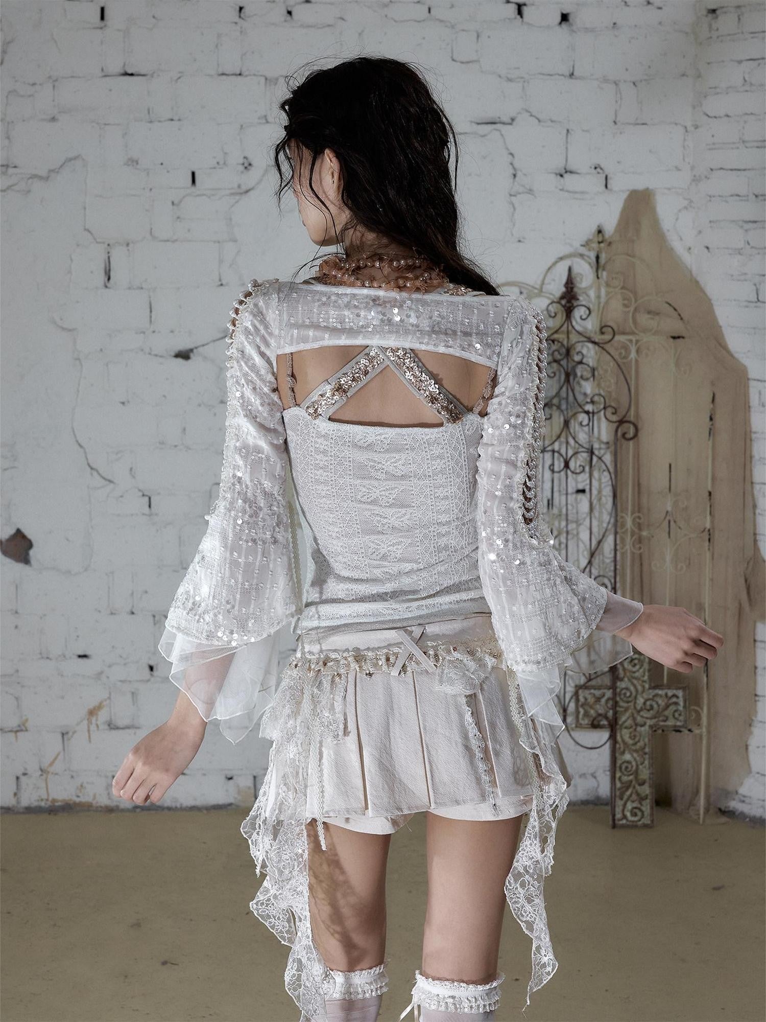 NO ROMANCE Baroque Pearl Chain Cutout Sequin Chiffon Women&