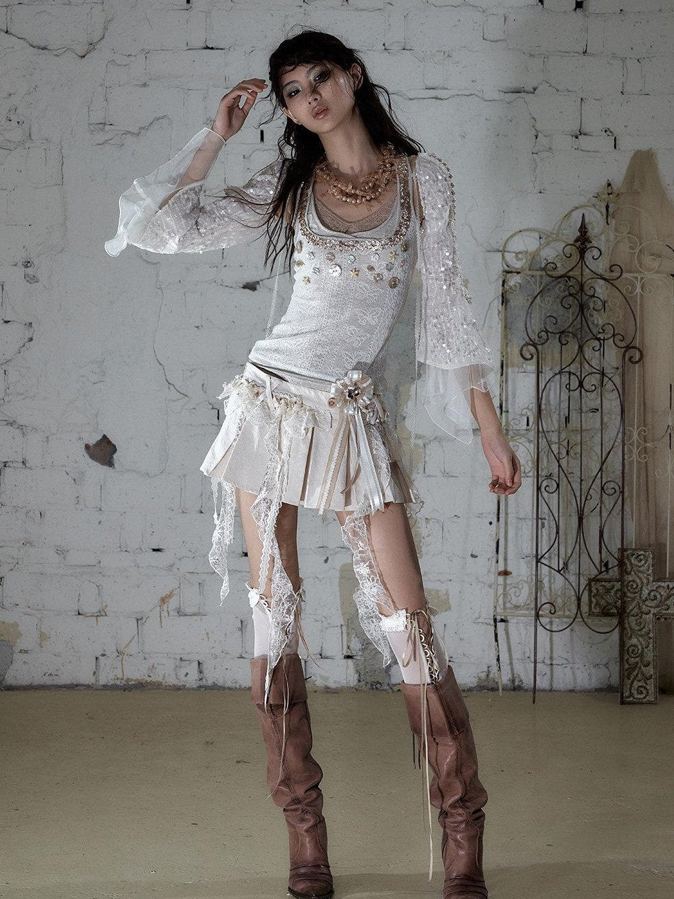 NO ROMANCE Baroque Pearl Chain Cutout Sequin Chiffon Women&