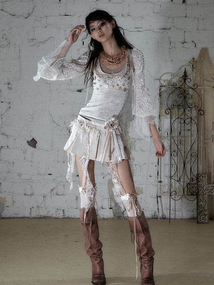 NO ROMANCE Baroque Pearl Chain Cutout Sequin Chiffon Women&