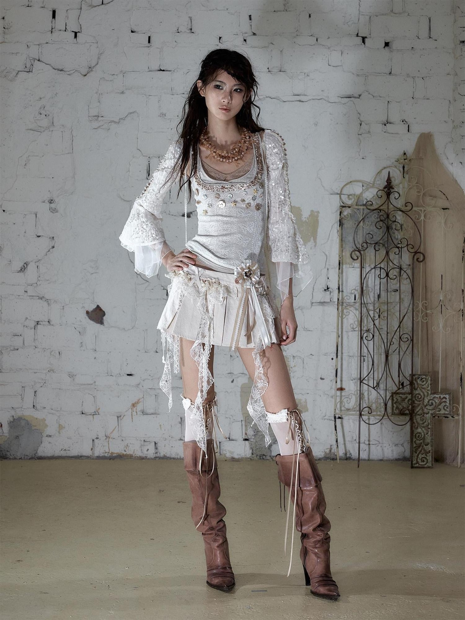 NO ROMANCE Baroque Pearl Chain Cutout Sequin Chiffon Women&