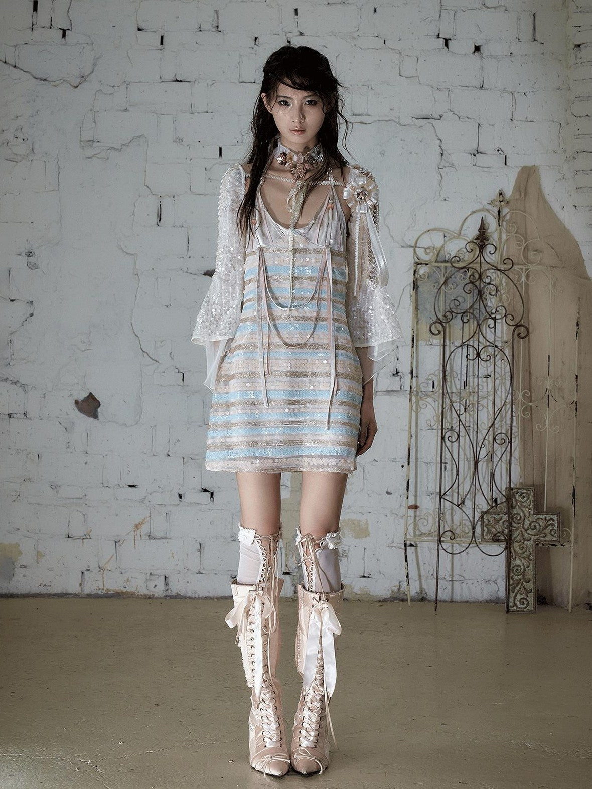 NO ROMANCE Baroque Pearl Chain Cutout Sequin Chiffon Women&