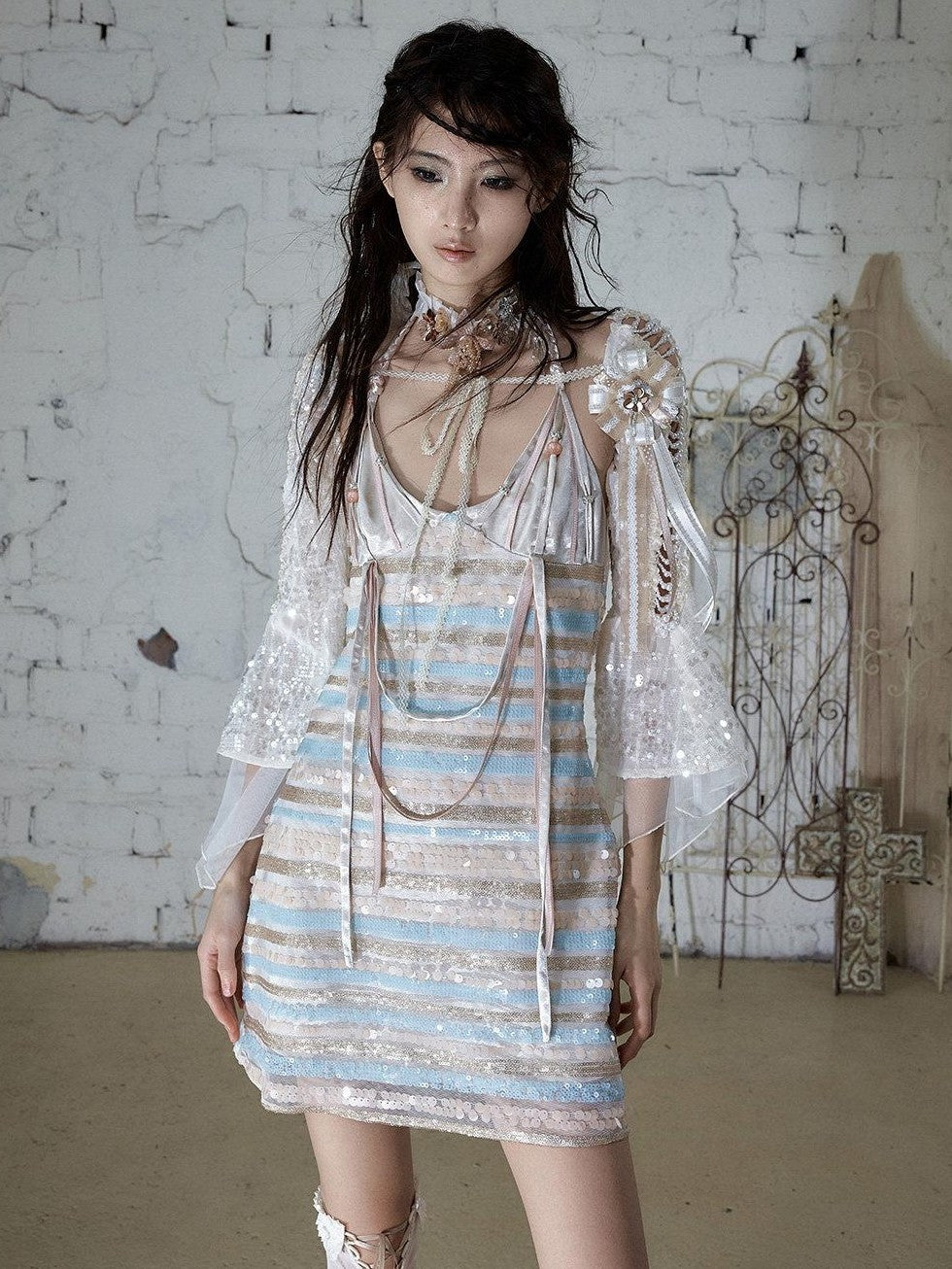 NO ROMANCE Baroque Pearl Chain Cutout Sequin Chiffon Women&