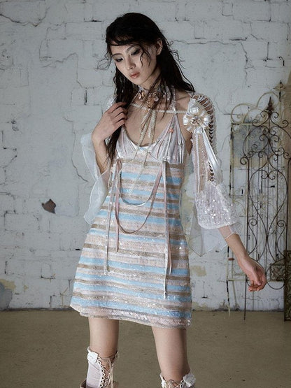 NO ROMANCE Baroque Pearl Chain Cutout Sequin Chiffon Women&