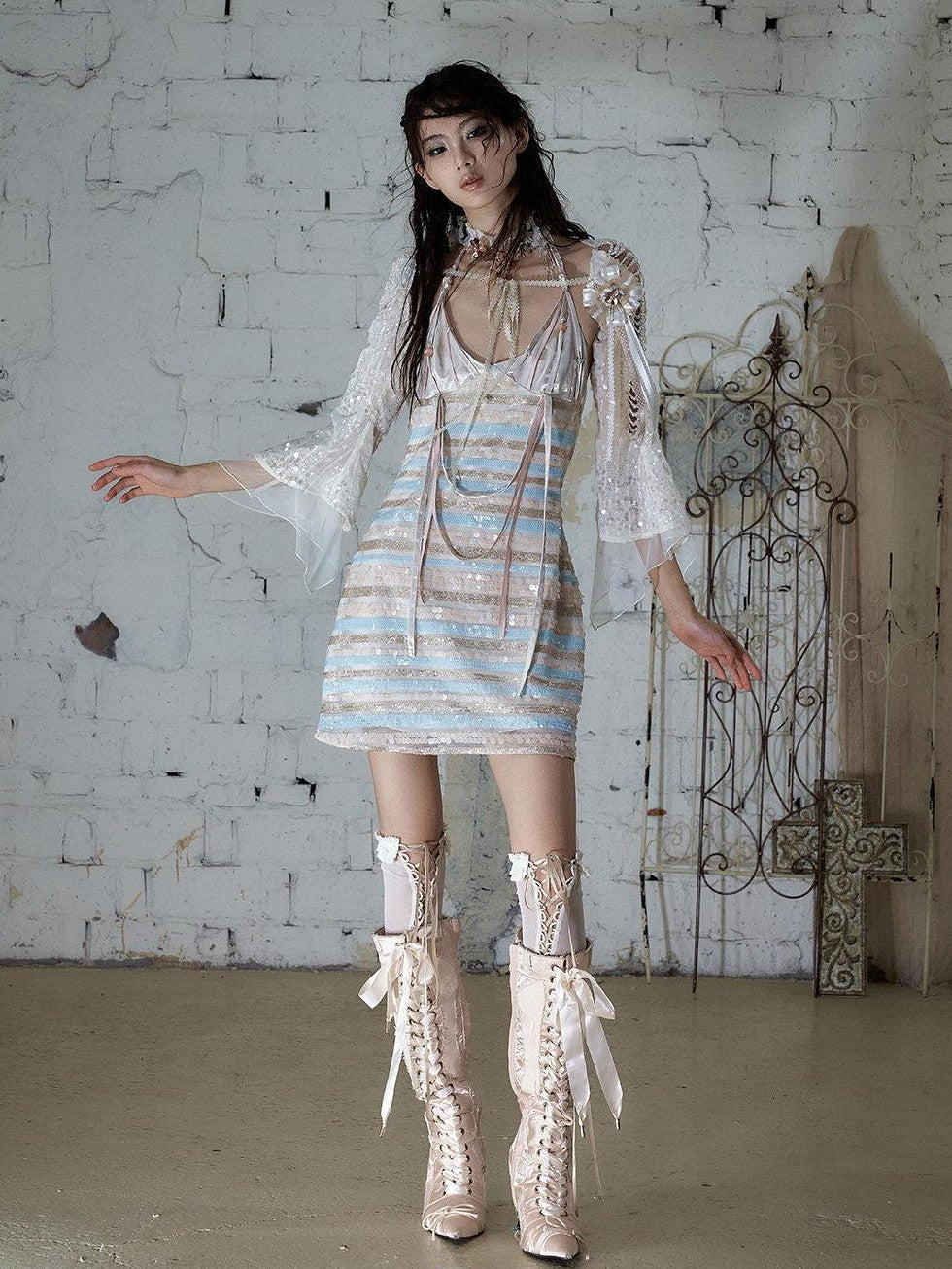 NO ROMANCE Baroque Pearl Chain Cutout Sequin Chiffon Women&