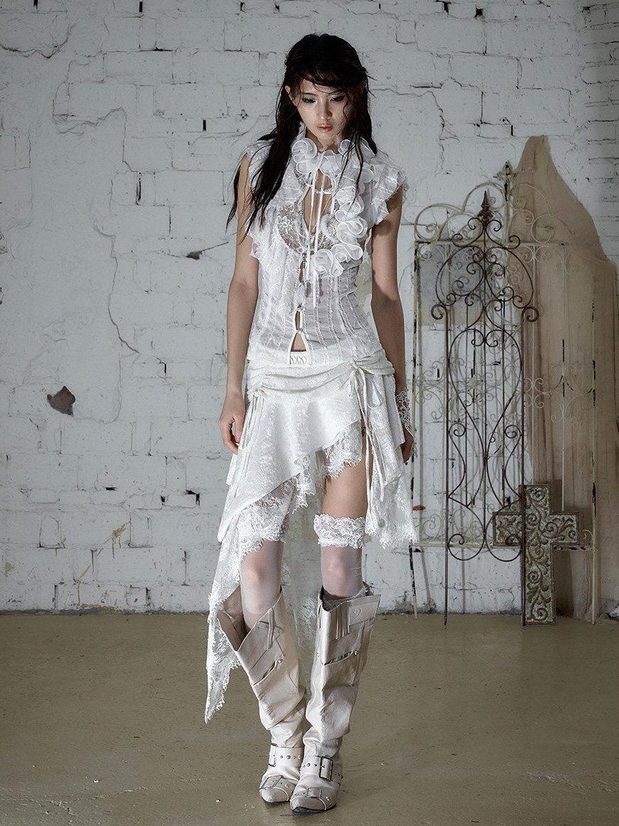 NO ROMANCE Baroque Punk Court Asymmetric Ruched Lace Spliced Velvet Women&