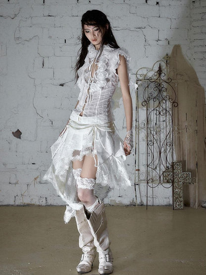 NO ROMANCE Baroque Punk Court Asymmetric Ruched Lace Spliced Velvet Women&