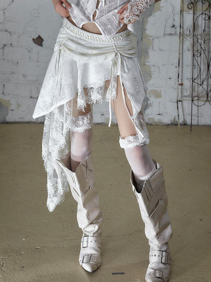 NO ROMANCE Baroque Punk Court Asymmetric Ruched Lace Spliced Velvet Women&
