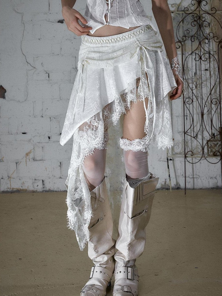 NO ROMANCE Baroque Punk Court Asymmetric Ruched Lace Spliced Velvet Women&