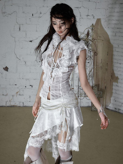 NO ROMANCE Baroque Punk Court Asymmetric Ruched Lace Spliced Velvet Women&