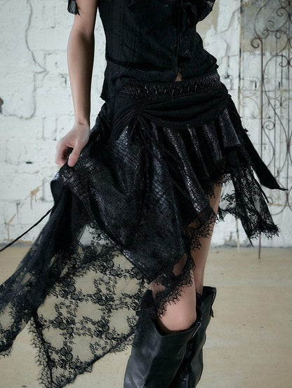 NO ROMANCE Baroque Punk Court Asymmetric Ruched Lace Spliced Velvet Women&