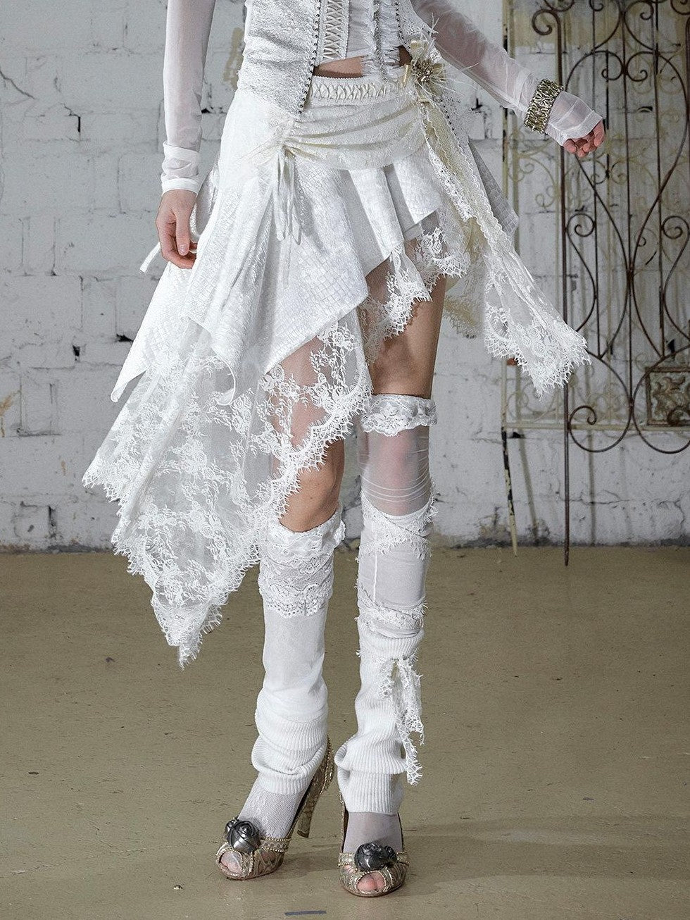 NO ROMANCE Baroque Punk Court Asymmetric Ruched Lace Spliced Velvet Women&