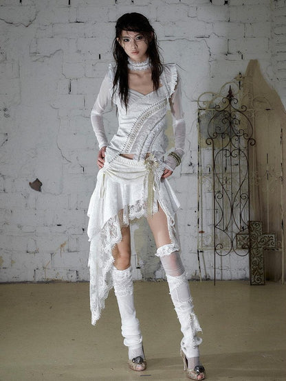 NO ROMANCE Baroque Punk Court Asymmetric Ruched Lace Spliced Velvet Women&