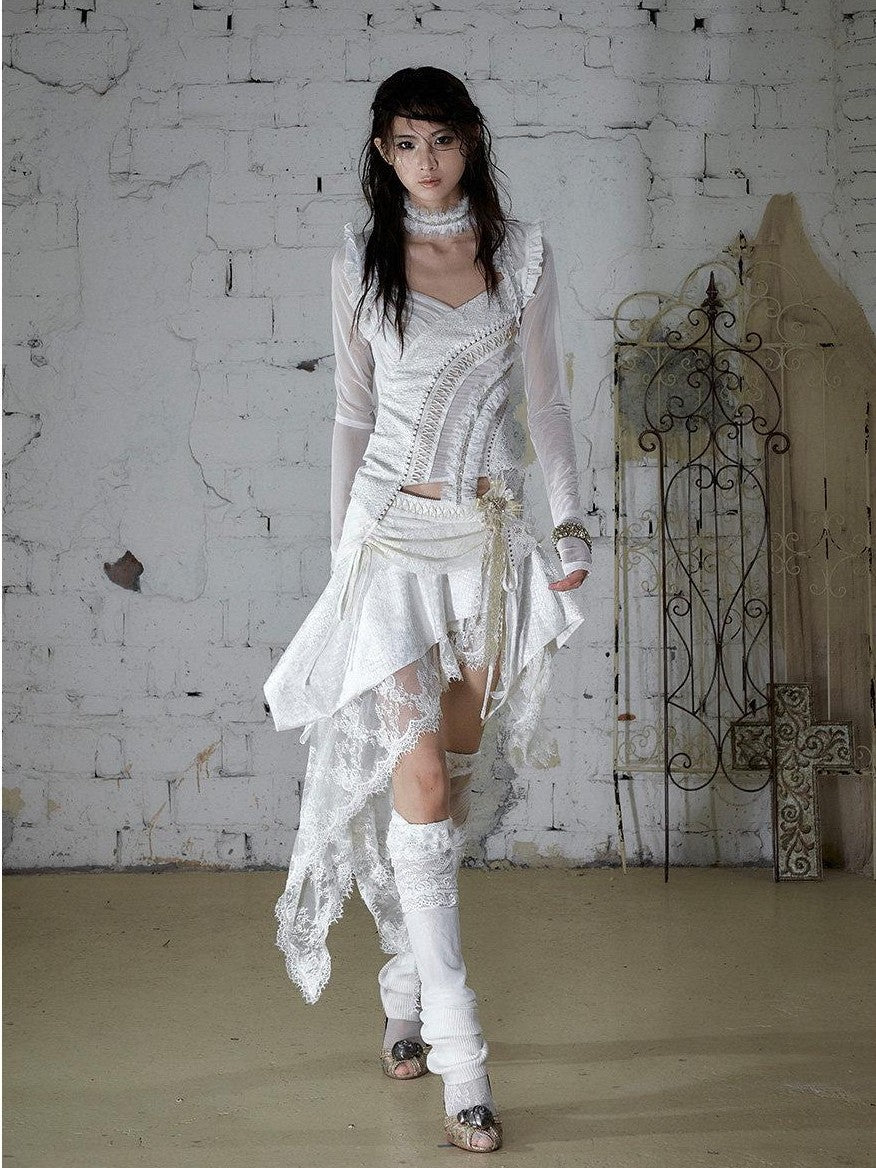 NO ROMANCE Baroque Punk Court Asymmetric Ruched Lace Spliced Velvet Women&