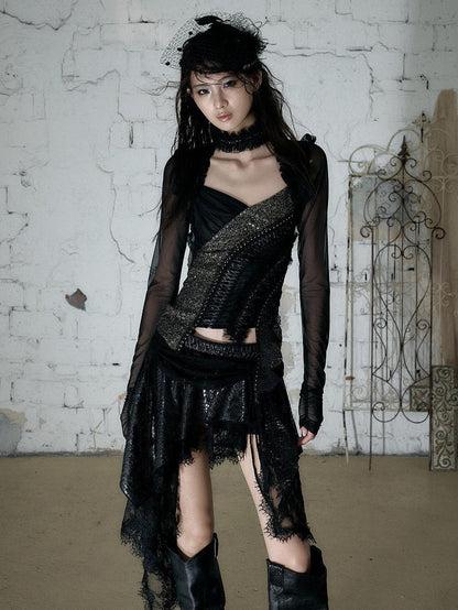 NO ROMANCE Baroque Punk Court Asymmetric Ruched Lace Spliced Velvet Women&