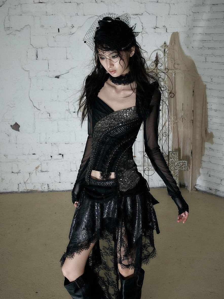 NO ROMANCE Baroque Punk Court Asymmetric Ruched Lace Spliced Velvet Women&