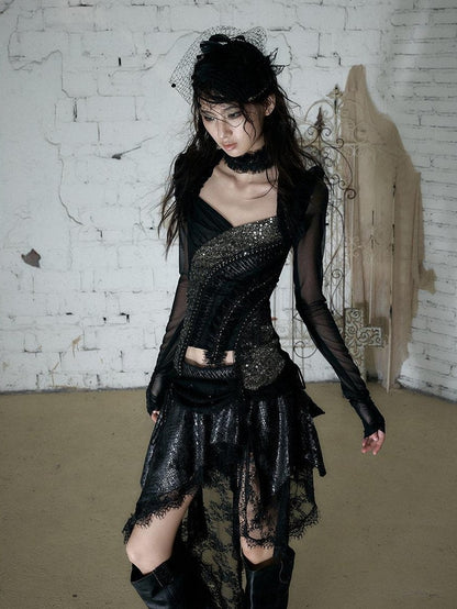 NO ROMANCE Baroque Punk Court Asymmetric Ruched Lace Spliced Velvet Women&