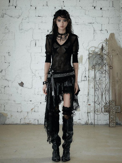 NO ROMANCE Baroque Punk Court Asymmetric Ruched Lace Spliced Velvet Women&