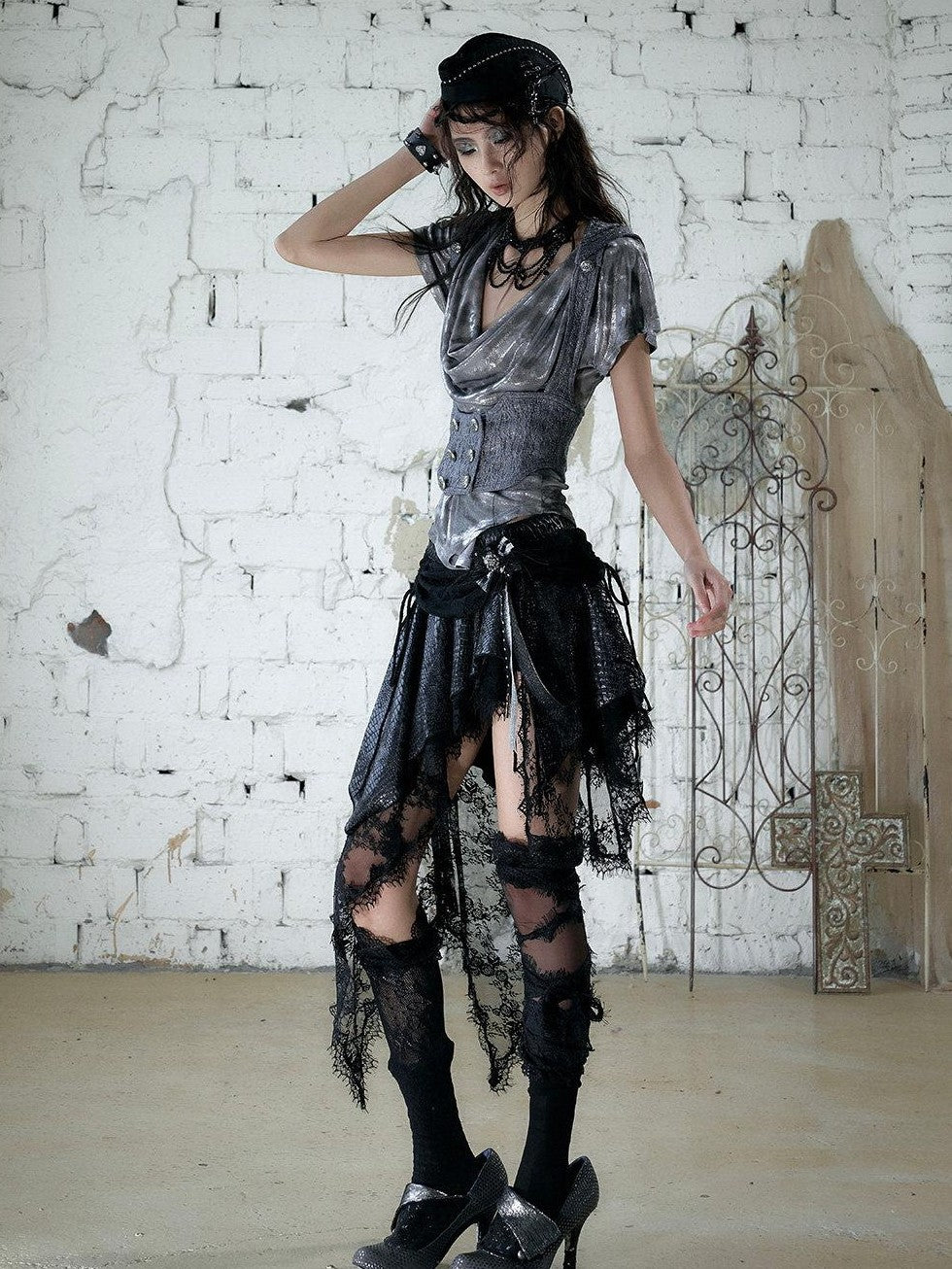 NO ROMANCE Baroque Punk Court Asymmetric Ruched Lace Spliced Velvet Women&